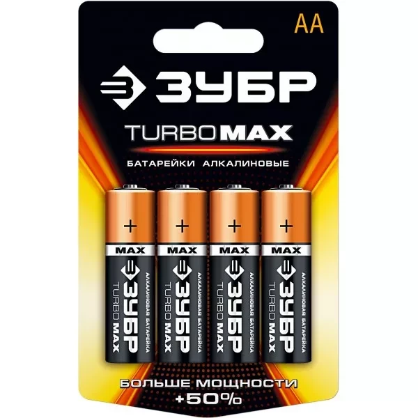 Батарейка ЗУБР "TURBO MAX" щелочная (алкалиновая), тип AA, 1,5В, 4шт на карточке 59206-4C купить в Муравленко