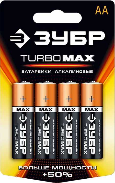 Батарейка ЗУБР "TURBO MAX" щелочная (алкалиновая), тип AA, 1,5В, 4шт на карточке 59206-4C купить в Муравленко