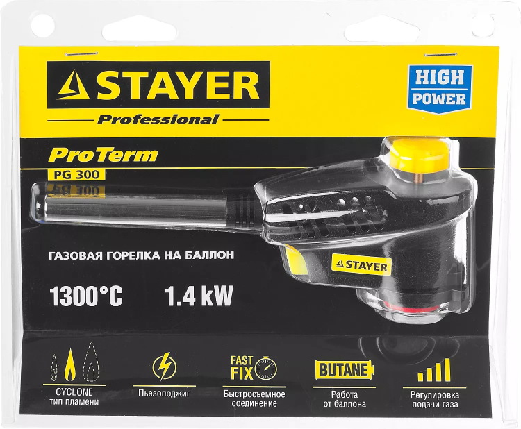 Газовая горелка "ProTerm" на баллон, STAYER "PROFESSIONAL" 55582, с пьезоподжигом, регулировка пламени, вихревое пламя, цанговое соединение, 1300С 55582 купить в Муравленко