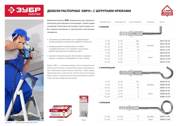Дюбели ЕВРО с шурупом-крюком коробка серия МАСТЕР купить в Муравленко