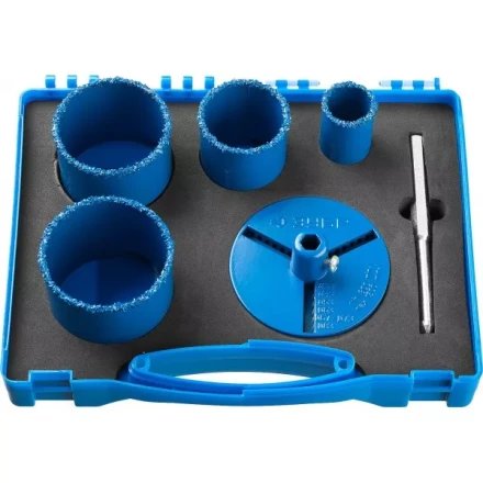 Набор кольцевых коронок ЗУБР &quot;ПРОФЕССИОНАЛ&quot; c карбид-вольфрамовым нанесением, 6 предм. в кейсе: коронки O 33, 53, 67, 73 мм, основание, сверло 33350-H6_z01 купить в Муравленко