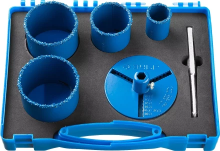 Набор кольцевых коронок ЗУБР &quot;ПРОФЕССИОНАЛ&quot; c карбид-вольфрамовым нанесением, 6 предм. в кейсе: коронки O 33, 53, 67, 73 мм, основание, сверло 33350-H6_z01 купить в Муравленко