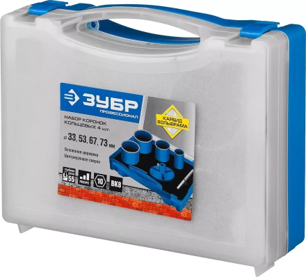 Набор кольцевых коронок ЗУБР &quot;ПРОФЕССИОНАЛ&quot; c карбид-вольфрамовым нанесением, 6 предм. в кейсе: коронки O 33, 53, 67, 73 мм, основание, сверло 33350-H6_z01 купить в Муравленко