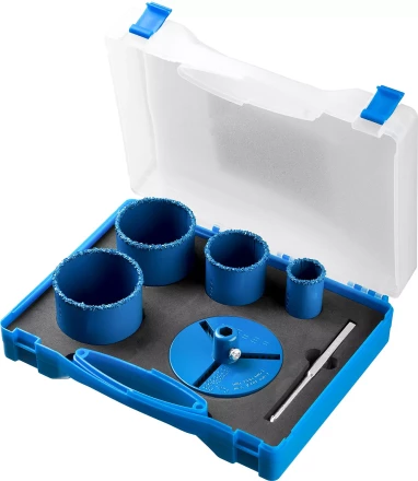 Набор кольцевых коронок ЗУБР &quot;ПРОФЕССИОНАЛ&quot; c карбид-вольфрамовым нанесением, 6 предм. в кейсе: коронки O 33, 53, 67, 73 мм, основание, сверло 33350-H6_z01 купить в Муравленко