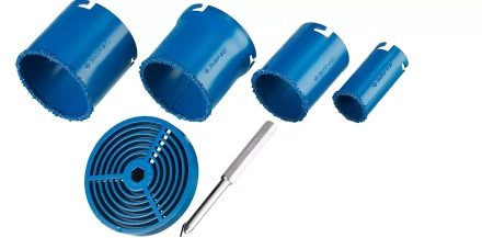 Набор кольцевых коронок ЗУБР &quot;ПРОФЕССИОНАЛ&quot; c карбид-вольфрамовым нанесением, 6 предм. в кейсе: коронки O 33, 53, 67, 73 мм, основание, сверло 33350-H6_z01 купить в Муравленко