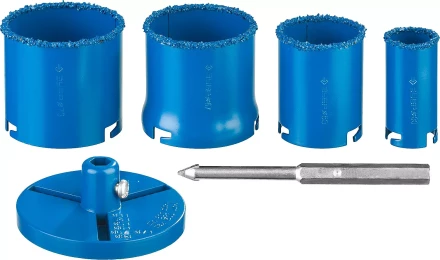 Набор кольцевых коронок ЗУБР &quot;ПРОФЕССИОНАЛ&quot; c карбид-вольфрамовым нанесением, 6 предм. в кейсе: коронки O 33, 53, 67, 73 мм, основание, сверло 33350-H6_z01 купить в Муравленко