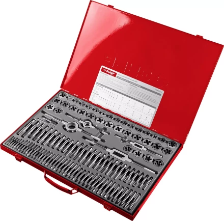 Набор ЗУБР &quot;ЭКСПЕРТ&quot; с метал.реж. инстр.,метчики однопроход. для глух. и сквоз. отв.,плашки,оснаст.-в мет. бокс 110пред. 28119-H110 купить в Муравленко