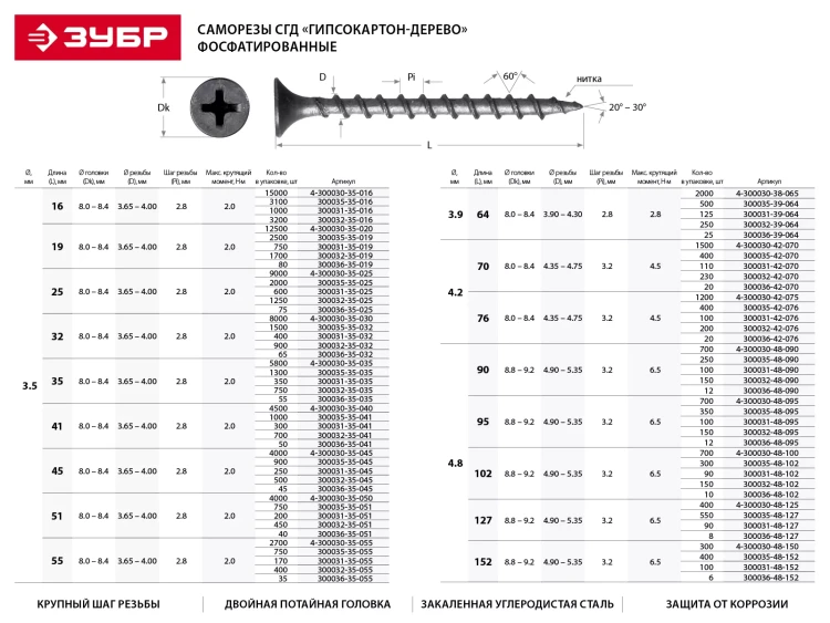 Саморезы фосфатированные с крупной резьбой, гипсокартон-дерево, ЗУБР 300031-48-102, PH2, 4,8 x 102 мм, 90 шт 300031-48-102 купить в Муравленко