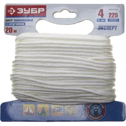 Шнур ЗУБР полиамидный, плетеный, повышенной нагрузки, с сердечником, белый, d 4, 20м 50310-04-020 купить в Муравленко