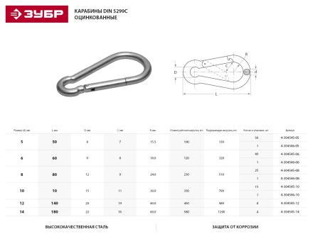 Карабин ЗУБР &quot;МАСТЕР&quot; DIN 5299С, оцинкованный, 5мм, 50 шт 4-304545-05 купить в Муравленко