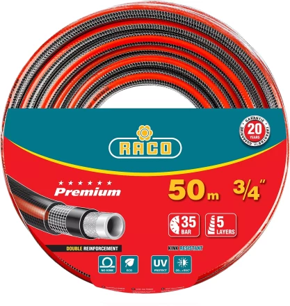 Шланг RACO &quot;PREMIUM&quot; поливочный, 40атм., армированный, 3-х слойный, 3/4&quot;х50м 40300-3/4-50 купить в Муравленко