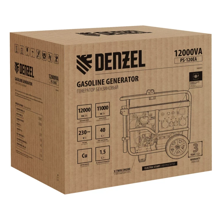 Генератор бензиновый Denzel PS-120EA, 12 кВт,230 В, 40л, разъём ATS,эл.старт купить в Муравленко