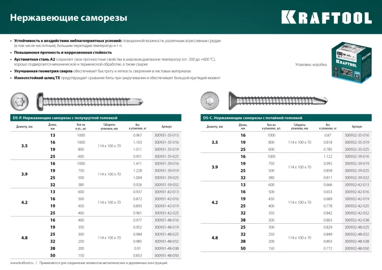 Нержавеющие саморезы DS-P с полукруглой головкой, коробка 300931-35-016 купить в Муравленко