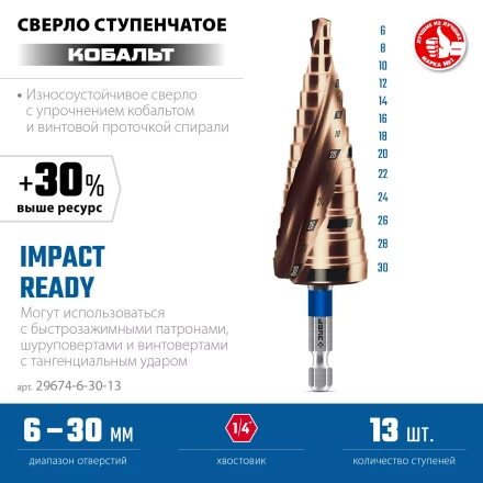 ЗУБР КОБАЛЬТ 6-30мм, 13 ступеней, винтовая проточка, сверло ступенчатое, ПРОФЕССИОНАЛ (29674-6-30-13) купить в Муравленко
