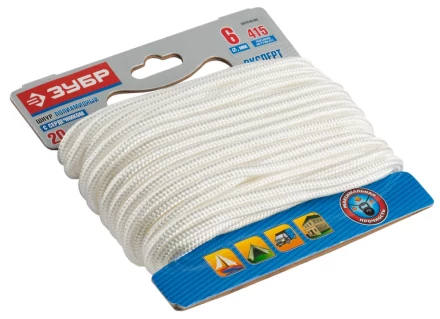 Шнур ЗУБР полиамидный, плетеный, повышенной нагрузки, с сердечником, белый, d 6, 20м 50310-06-020 купить в Муравленко