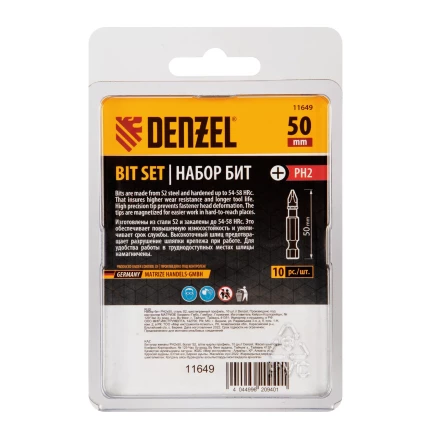 Бита PH2х50, сталь S2, шестигранный профиль, 10 шт. Е 6,3 Denzel 11649 купить в Муравленко