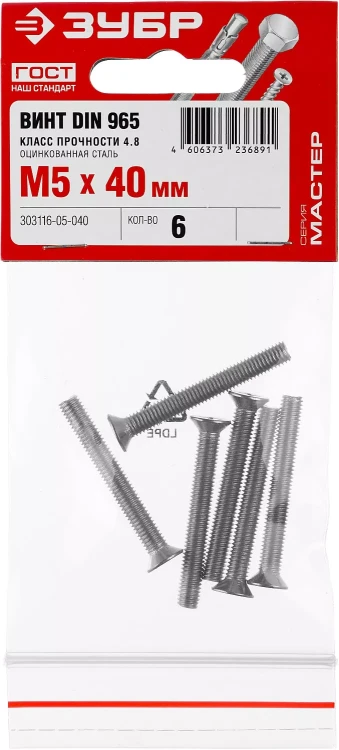 Винт DIN 965, M5 x 40 мм, 6 шт, кл. пр. 4.8, оцинкованный, ЗУБР 303116-05-040 купить в Муравленко