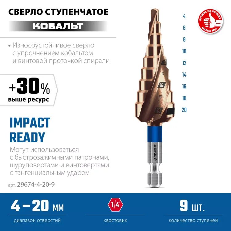 ЗУБР КОБАЛЬТ 4-20мм, 9 ступеней, винтовая проточка, сверло ступенчатое, серия Профессионал(29674-4-20-9) купить в Муравленко