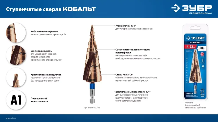 ЗУБР КОБАЛЬТ 4-32мм, 15 ступеней, винтовая проточка, сверло ступенчатое, ПРОФЕССИОНАЛ (29674-4-32-15) купить в Муравленко