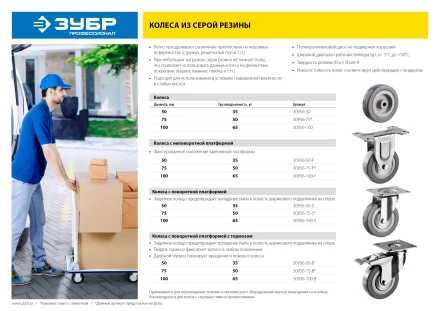 ЗУБР d 50 мм, г/п 35 кг, резина/полипропилен, поворотное колесо (30956-50-S) купить в Муравленко