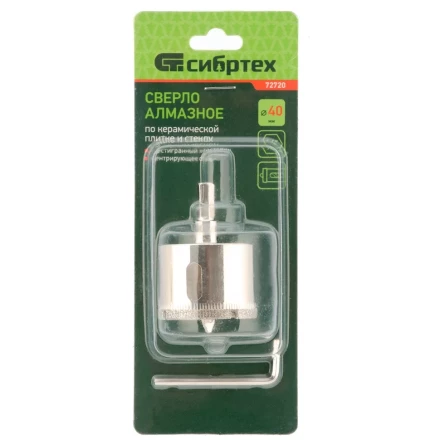 Сверло по керамической плитке и стеклу Сибртех, 40 х 55 мм, шестигранный хвостовик, с центрующим сверлом, 72720 купить в Муравленко