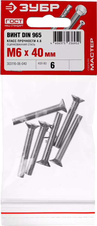 Винт DIN 965, M6 x 40 мм, 6 шт, кл. пр. 4.8, оцинкованный, ЗУБР 303116-06-040 купить в Муравленко