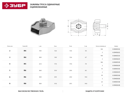Зажим троса ЗУБР одинарный, оцинкованный, 6мм, 50 шт 4-304435-06 купить в Муравленко