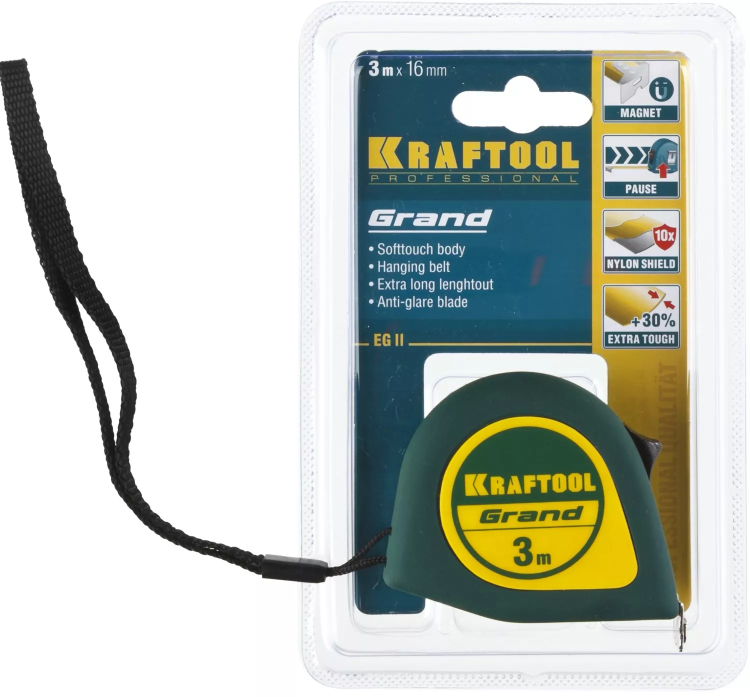 Рулетка KRAFTOOL GRAND, обрезиненный пластиковый корпус, 3м/16мм 34022-03-16 купить в Муравленко
