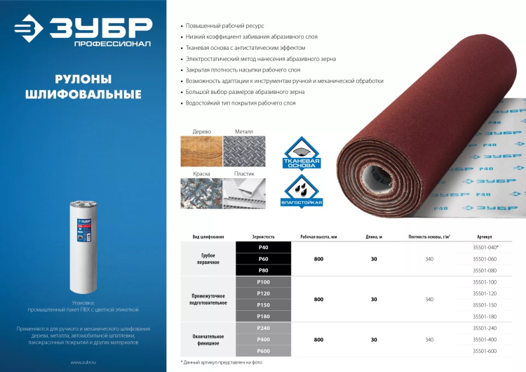 ЗУБР Р120, 800 мм, 30 м, водостойкий, шлифовальный рулон на тканевой основе, Профессионал (35501-120) купить в Муравленко