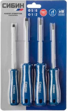 Набор: Отвертки СИБИН 25084 с закаленным стержнем, маслобензостойкая рукоятка, в блистере, 4 предмета 25084 купить в Муравленко