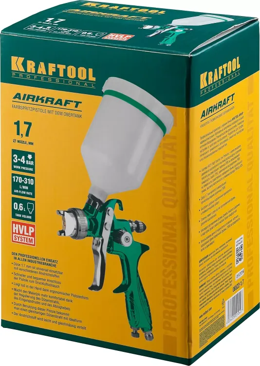 Краскопульт пневматический KRAFTOOL AirKraft, HVLP, с верхним бачком, 1,7мм 06522-1.7 купить в Муравленко