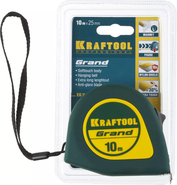 Рулетка KRAFTOOL GRAND, обрезиненный пластиковый корпус, 10м/25мм 34022-10-25 купить в Муравленко