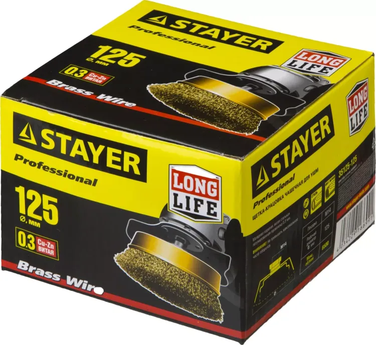 STAYER "PROFESSIONAL". Щетка чашечная для УШМ, витая стальная латунированная проволока 0,3мм, 125ммхМ14 35125-125 купить в Муравленко