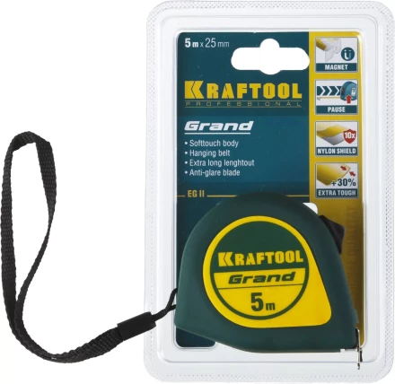 Рулетка KRAFTOOL GRAND, обрезиненный пластиковый корпус, 5м/25мм 34022-05-25 купить в Муравленко