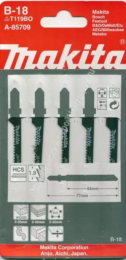 Пилка для лобзика Makita A-85709 ( 5 шт.) HCS 77х1,8 мм рез-35 мм  крив.пропил купить в Муравленко