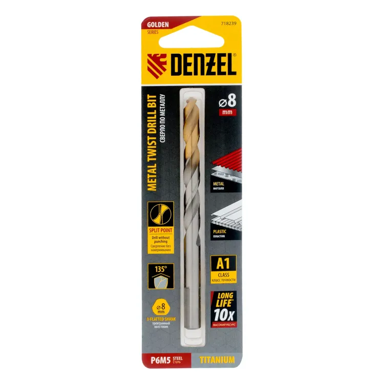 Сверло спиральное по металлу Denzel 8 x 117 мм, Р6М5, Golden Tip, 718239 купить в Муравленко