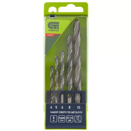 Набор сверл по металлу 4 - 10 мм 5 штук Р6М5 пластиковый кейс СИБРТЕХ артикул 72347 купить в Муравленко