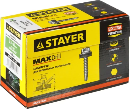 Саморезы СКМ кровельные, RAL 6002 зеленый лист, 25 x 5.5 мм, 420 шт, для металлических конструкций, STAYER 30305-55-025-6002 купить в Муравленко