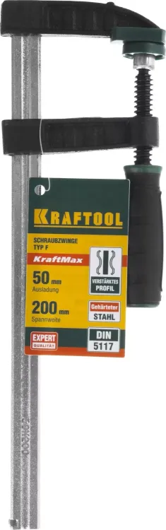 Струбцина, KRAFTOOL 32011-050-200, тип "F", DIN 5117, двухкомпонентная ручка, 50х200мм 32011-050-200 купить в Муравленко