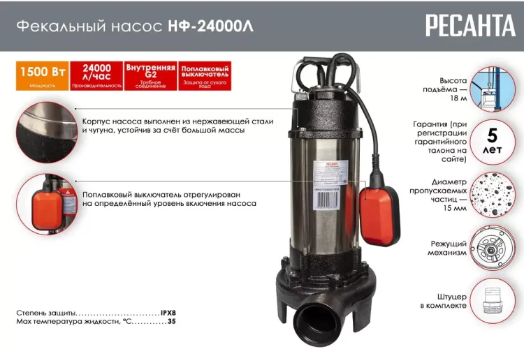 Фекальный насос Ресанта НФ-24000Л с измельчителем 77/5/4 купить в Муравленко