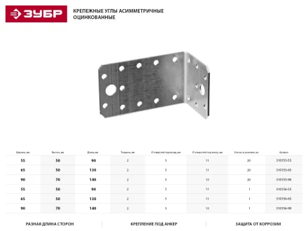 Крепежный уголок ЗУБР &quot;МАСТЕР&quot; асимметричный, 65х50х130мм, 20шт 310155-65 купить в Муравленко