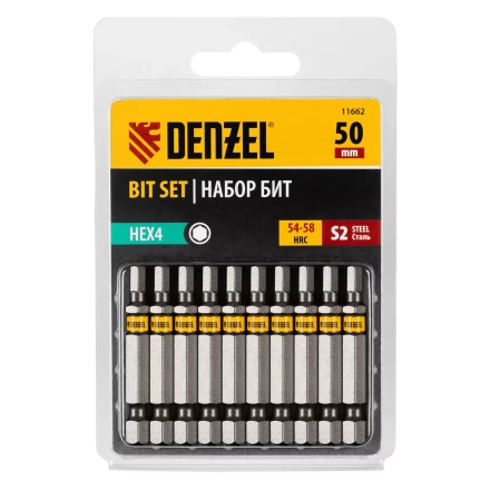 Бита HEX 4х50, сталь S2, шестигранный профиль, 10 шт. Е 6,3 Denzel 11662 купить в Муравленко