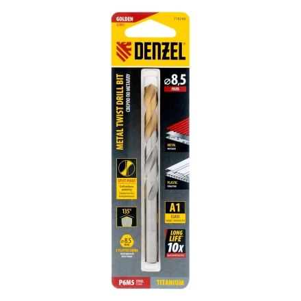 Сверло спиральное по металлу Denzel 8,5 x 117 мм, Р6М5, Golden Tip, 718240 купить в Муравленко