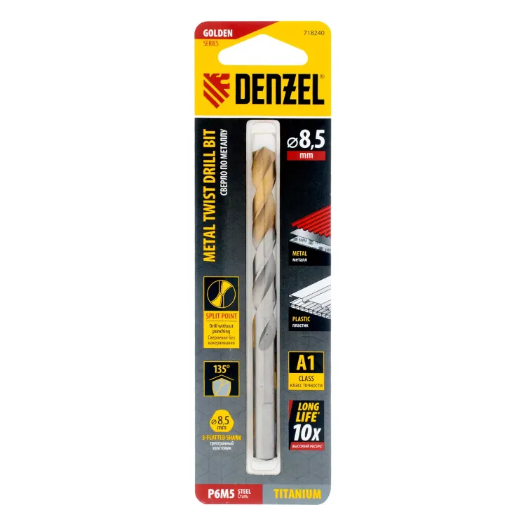 Сверло спиральное по металлу Denzel 8,5 x 117 мм, Р6М5, Golden Tip, 718240 купить в Муравленко