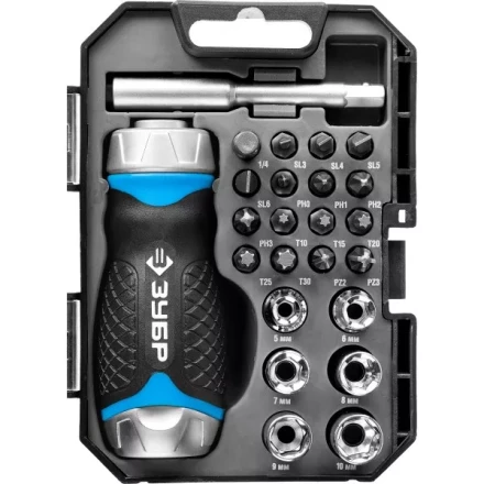 Набор ЗУБР &quot;ПРОФЕССИОНАЛ&quot;: Отвертка реверсив с двухкомп рукоят, насадки, CrMo, рукоят с отсеком для хранения бит, 24 предмета 25353-H24 купить в Муравленко