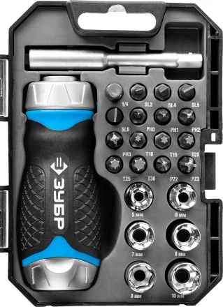 Набор ЗУБР &quot;ПРОФЕССИОНАЛ&quot;: Отвертка реверсив с двухкомп рукоят, насадки, CrMo, рукоят с отсеком для хранения бит, 24 предмета 25353-H24 купить в Муравленко