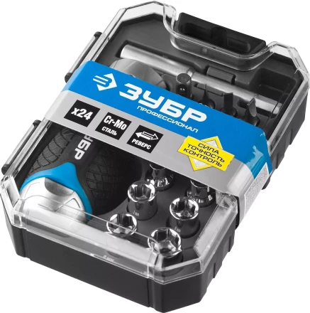 Набор ЗУБР &quot;ПРОФЕССИОНАЛ&quot;: Отвертка реверсив с двухкомп рукоят, насадки, CrMo, рукоят с отсеком для хранения бит, 24 предмета 25353-H24 купить в Муравленко