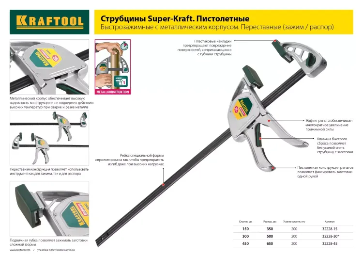 Струбцина, KRAFTOOL 32011-080-300, тип "F", DIN 5117, двухкомпонентная ручка, 80х300мм 32011-080-300 купить в Муравленко