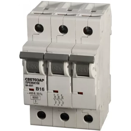 Выключатель автоматический СВЕТОЗАР &quot;ПРЕМИУМ&quot; 3-полюсный, 10 A, &quot;B&quot;, откл. сп. 6 кА, 400 В SV-49013-10-B купить в Муравленко