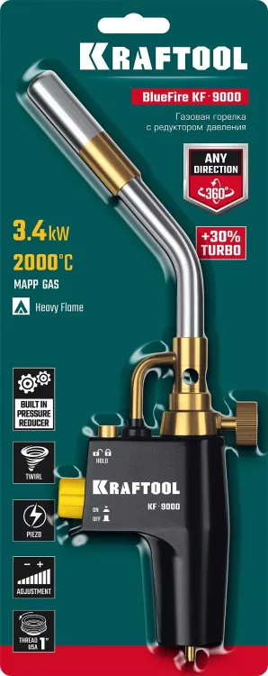 Blue Fire  KF-9000  горелка для МАПП / MAPP газа,  с пъезоподжигом,  на баллон c резьбовым соединением US 1, 2000°C 55510 купить в Муравленко